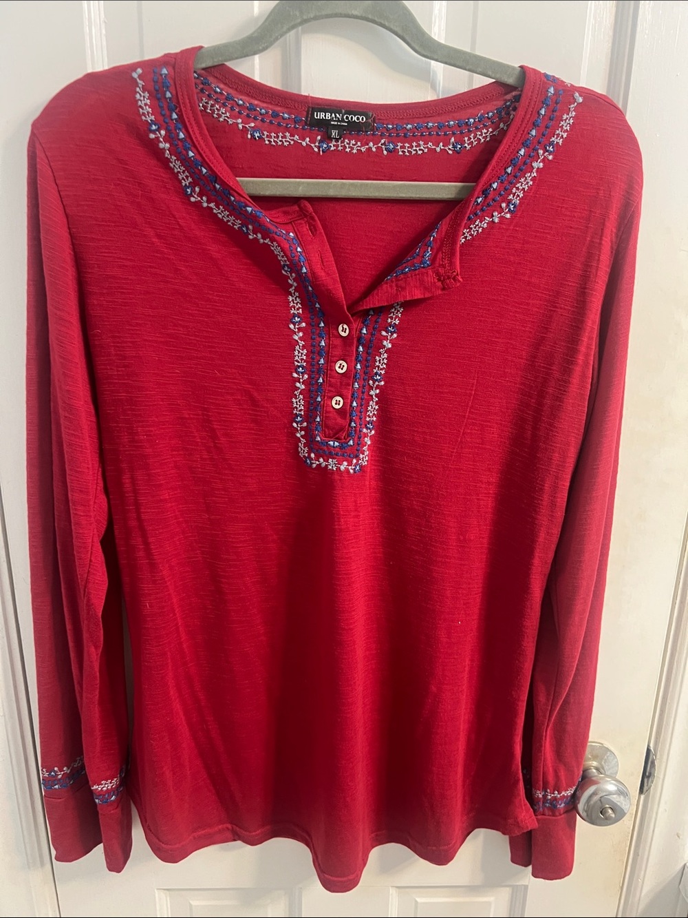 Urban CoCo Red Long-Sleeve Embroidered Henley Top